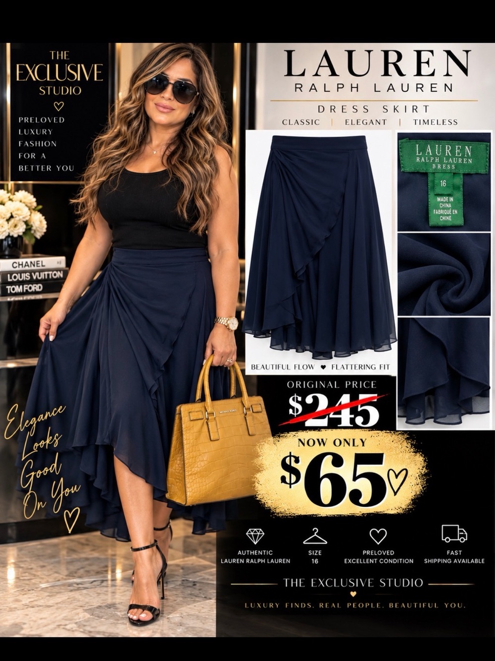 Lauren Ralph Lauren Navy Asymmetric High-Low Skirt